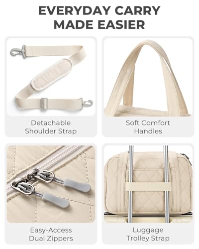 Percover Weekender Bag for Women, Ultra Lightweight Travel Duffle, Carry On Personal Item Overnight Bag with Toiletry Pouch & Compartments, Quilted Gym & Travel Bag, Ivory Beige - color: Ivory Beige