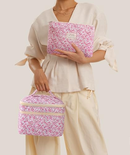 HBselect 2Pcs Travel Makeup Bag, Large Cotton Quilted Makeup Bag Cosmetic Bag Cute Make up Bag Toiletry Bags for Women Girls - color: 2PCS-FLOWER5