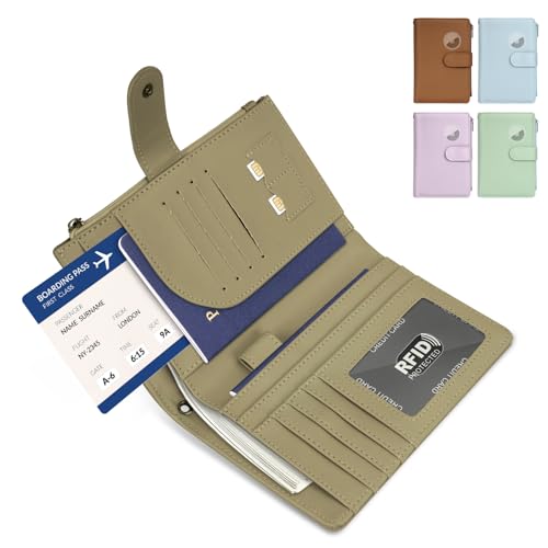 RFID Passport Holder for Women/Men Travel Gift, Large Capacity Passport Wallet, Family Travel Documents Organizer with Card/Airtag Slot, Zipper coin pocket, Cash Holder Passport Cover Case(Moss Green) - color: Moss Green