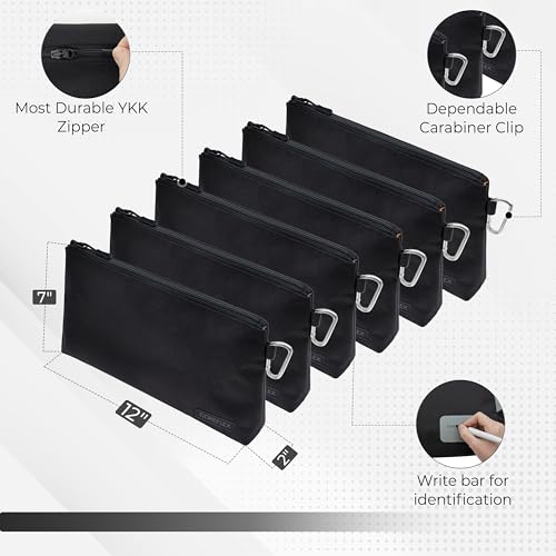 COREFLEX Premium Tool Pouch Zipper Bag, Small Tool Bag, Multipurpose Storage pouch, Heavy duty Flat Bottom Tool bag with YKK Zipper (6 pack Large 12inch Black) - size: 6 pack Large 12inch Black