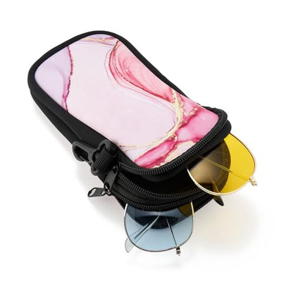 QIUTIMIY Sunglasses Soft Case Zipper Double Eyeglass Case with 2 Compartments 1 Belt Clip - color: Pink Marble