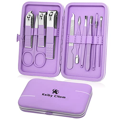 Manicure Set, Travel Mini Nail Clippers Kit Pedicure Care Tools, 10pcs Stainless Steel Grooming kit (Violet) - color: Purple