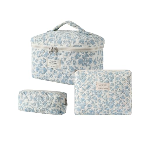 uekeboag Large Travel Quilted Makeup Bag for Women, Floral Cotton Cosmetic Bag, Coquette Aesthetic Floral Toiletry Organizer Bag - color: 3Pcs LightBlue