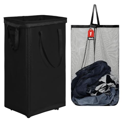 DOKEHOM 90L X-Large Laundry Basket with Removable Wash Bag on Wheels, Collapsible Rolling Laundry Hamper, Foldable Clothes Organizer, Folding Washing Bin (Black) - color: Black, size: X-Large Pro 29"