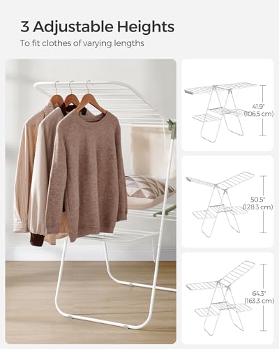SONGMICS Clothes Drying Rack, Foldable 2-Level Laundry Drying Rack, Free-Standing Laundry Airer, with Height-Adjustable Wings, 33 Drying Rails, Sock Clips, White and Green ULLR053C01V1 - color: White + Green, size: 2 Tiers（22"d x 61.8"w x 64.3''h )