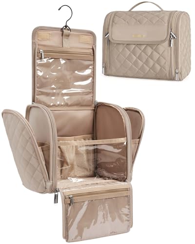 BAGSMART Makeup Bag for Women with Hanging Hook, Large Portable Capacity Water-resistant Organizer Travel Case for Toiletries and Cosmetics, Brown - color: Camel, size: Large