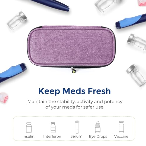 AUVON Insulin Pen Cooler Travel Case with 2 * 90g TSA Approved Ice Packs, Diabetic Medication Insulated Cooling Bag for Insulin Pens and Diabetic Supplies Storage, Compact for Daily Life and Trips - color: Purple