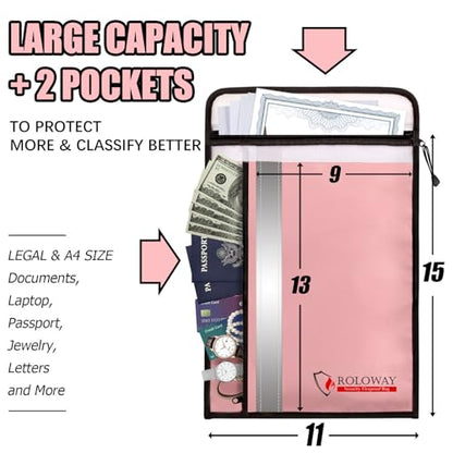 ROLOWAY Fireproof Document Bag (15 x 11 inch) with 2 Pockets & Waterproof Zipper, Fireproof Money Bag, Fire Safe Bag with Reflective Strip, Fireproof Envelope for Cash, Legal Documents Safe (Pink) - size: 15 x 11 inch, style: Fireproof Bag (Lovey Rose)