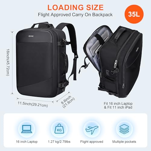 PIJUSHI Travel Backpack for Women Men Carry on Suitcase Backpack Flight Approved Personal Item Bag Fits 16 Inch Laptop(PE035 Black) - color: Black
