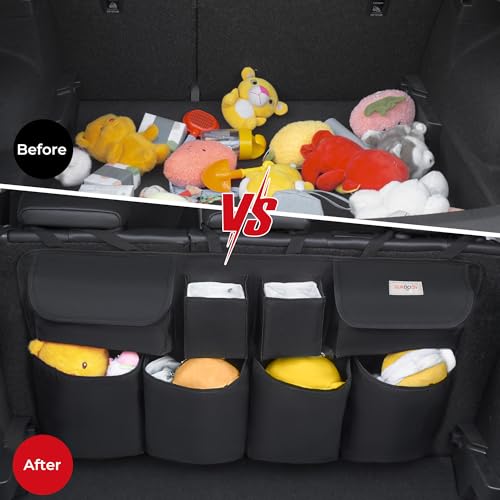 SURDOCA Car Trunk Organizer, LARGE CAPACITY(43 x 19 in) Car Storage Bag with 8 Pockets, 7X Upgraded Trunk Storage Organizer for Car, SUV, Truck, MPV - color: All Black, size: XL-43.3x18.9in