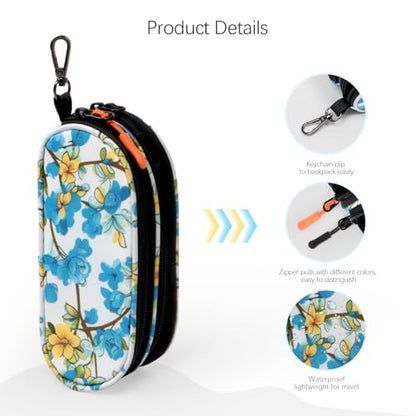 Double Eyeglasses Case Soft Portable Zipper Sunglasses Pouch with Keychain Clip for Men Women - color: Blue Flower