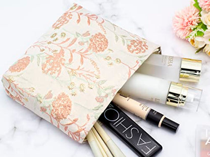 Makeup Bags for Purse Zipper Cosmetic Pouch Large Travel Canvas Make Up Organizer Tool Pouch for Women and Girls,Brocade Flower Pink - color: Brocade Flower Pink