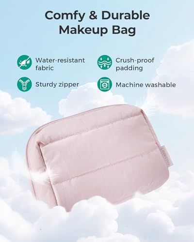 BAGSMART Puffy Makeup Bag, Wide Opening Cosmetic Organizer, Soft Water-Resistant Travel Toiletry Pouch for Women for Purse, Compact & Spacious - color: 02-Camel