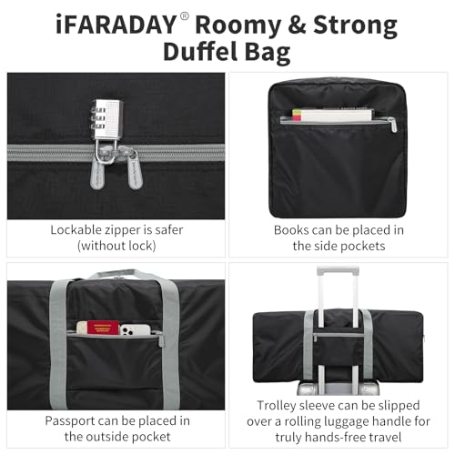 iFARADAY Foldable Duffle Bag for Travel - 30 inch / 75L Large Spare Travel Duffel Bag Lightweight with Trolley Sleeve - Black - color: Black-75L(with trolley sleeve)
