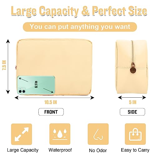Nylon Large Makeup Bag Travel Pouch for Women, Preppy Big Makeup Bag Cute Cosmetic Zipper Pouch Purse, DIY Chenille Letter Bag Waterproof Toiletry Bag Clutch Makeup Organizer for Girls (Beige) - color: Beige, size: Large