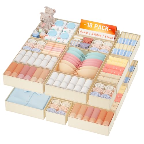 DIMJ Drawer Organizer Clothes Storage- 18 Pack Baby Dresser Organizer for Nursery, Foldable Closet Drawer Organizer Bins for Bedroom Organization, Fabric Storage Dividers for Socks, Underwears, Bras - color: Beige, size: 18 Pack