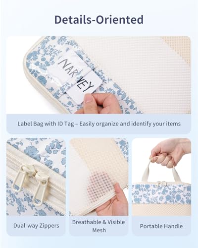 Narwey 6 Set Compression Packing Cubes for Travel Women Men, Travel Cubes for Carry On Suitcase, Durable Compression Luggage Organizer Bags - color: ZZZ-Little Blue Flower