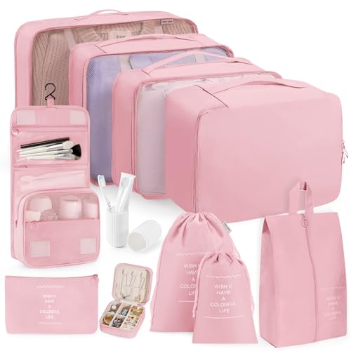 Packing Cubes 11 Set, Suitcase Organizers, Luggage Organizer Bags, Packing Cubes for Travel, with Toiletry Bag, Travel Essentials,Pink - color: Pink