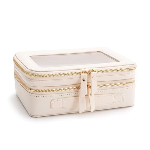 Aveniee Clear Makeup Bags, Double Layer Cosmetic Case with Separate Brush Compartment, Large Toiletry Organizer for Women, Travel Accessories Holder(2 Layers Large, White) - color: Off-White, style: Dual Layer Large