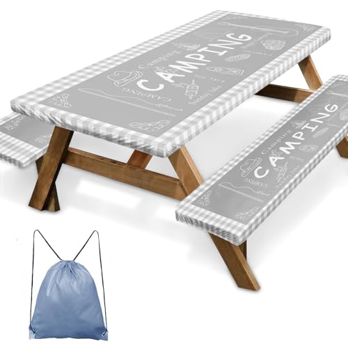 Picnic Table Cover with Bench Covers Elastic Edges, Grey Camper Fitted Table Cover, Outdoor Patio Camping Essentials 72 Inch 3PCS, Waterproof Camping Fitted Tablecloth with Drawstring Bag - color: Grey, size: 72in