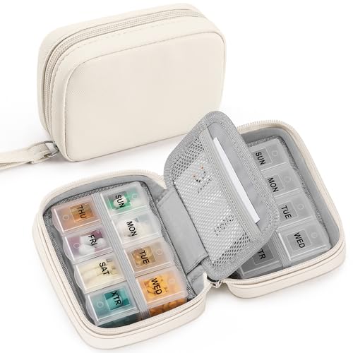 Zannaki Cute Pill Organizer for Purse with Two Removable 7-Day Pill Box, Travel PU Leather Pill Case, Portable Weekly Pill Container with Storage Bag to Hold Vitamins, Fish Oils, Supplements (Beige) - color: Beige
