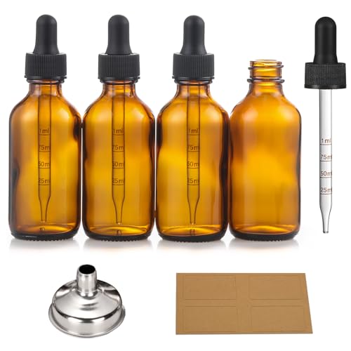 4 Pack 1 oz Glass Dropper Bottles with Measured Dropper - 30ml Dark Amber Tincture Bottles with Graduated Calibrated Glass Eye Droppers (1ml) for Essential Oils, Liquids - Leakproof Travel Bottles - style: Measured Dropper