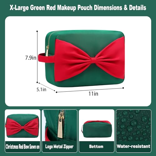 Beach Vacation Essentials Large Makeup Bag Fashion Bow Cosmetic Pouch Travel Toiletry Kit Bag for Women (XL,Green-Bow) - color: Green-Bow, size: XL