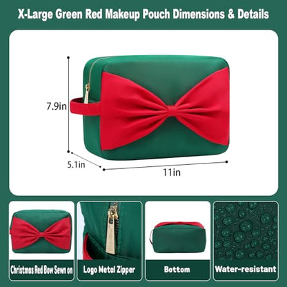 Beach Vacation Essentials Large Makeup Bag Fashion Bow Cosmetic Pouch Travel Toiletry Kit Bag for Women (XL,Green-Bow) - color: Green-Bow, size: XL