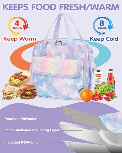 Butterfly Pattern Kids Lunch Bag with Adjustable Shoulder Strap Keeps Food Hot or Cold 5L Capacity Side Water-bottle Holder Waterproof Toddler Insulated Lunchbox for School Travel Picnic - color: Butterflies
