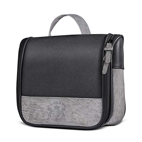 Hanging Toiletry Bag for Men VANCASE Vintage Leather Shaving Dopp Kit Medium Waterproof Travel Bathroom Bags Portable Shower Organizer - color: Black Pattern