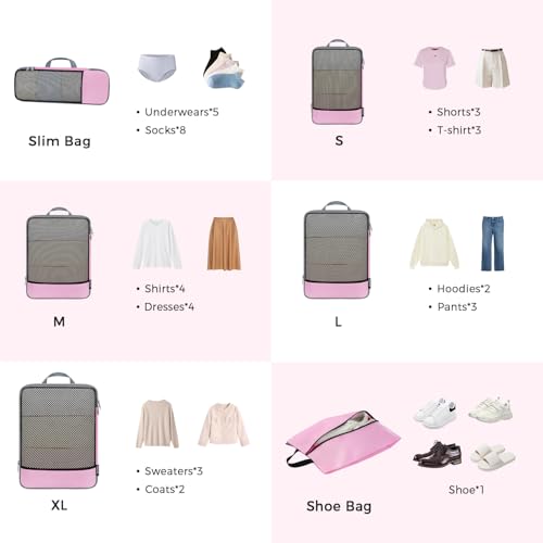 BAGAIL 4 Set/6 Set/8 Set Compression Packing Cubes Travel Accessories Expandable Packing Organizers (Half Mesh, 6-Pink) - color: 6-Pink, style: Half Mesh