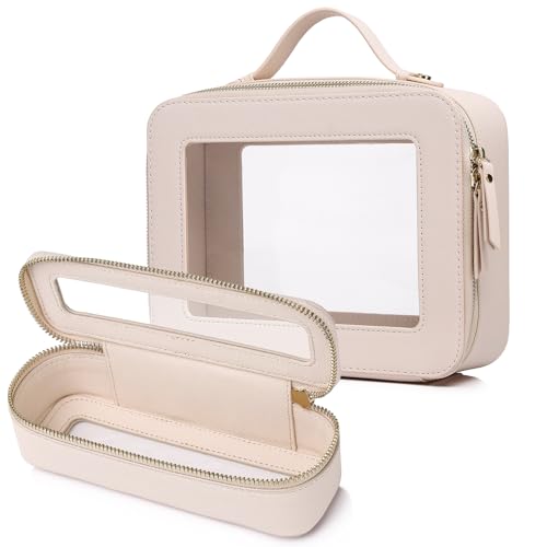 Clear Travel Makeup Bag with Brush Bag Portable Transparent Cosmetic Bag and Toiletry Bag Waterproof Clear Makeup Bag with Zipper Car Bag for Women (Beige, L+Slim) - color: Beige, size: L+Slim