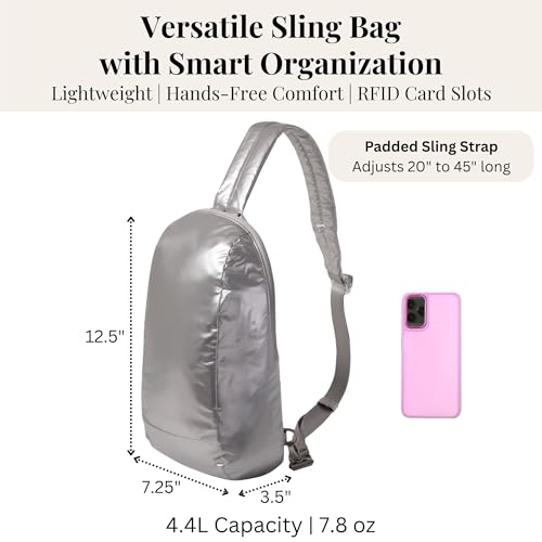 Baggallini Swift Sling - Lightweight 7.25"x 12.5" Crossbody Sling Backpack with Convertible - color: Silver Metallic