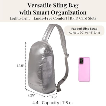 Baggallini Swift Sling - Lightweight 7.25"x 12.5" Crossbody Sling Backpack with Convertible - color: Silver Metallic