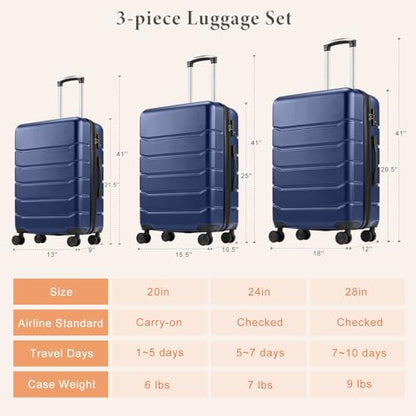 Sweetcrispy 3 Piece Luggage Set, Hard Shell ABS Travel Suitcase with Silent Spinner Wheels, TSA Combination Lock, Lightweight Rolling Suitcases for Business Trip Vacatio, Blue, 20/24/28 Inch - color: Blue, size: 3-PCS Set (20/24/28 Inch)