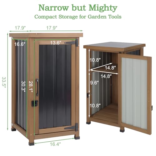 Outdoor Storage Cabinet Waterproof with Metal Top, Wooden Potting Bench Table Tool Organizer with Adjustable Shelf for Patio Backyard Garden - size: 18"L x 18"W x 33.5"H