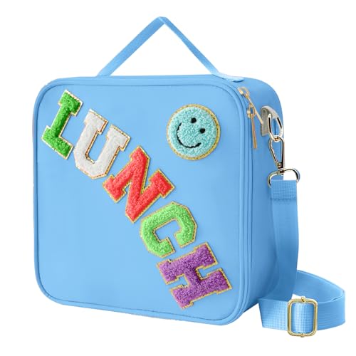 Insulated Lunch Bag With Adjustable Shoulder Strap, Nylon Preppy Lunch Box Large Insulated Lunch Bag Reusable Lunch Tote Bag with Smiley Preppy LunchBag for Girls School Travel Picnic (Dark blue) - color: Dark Blue