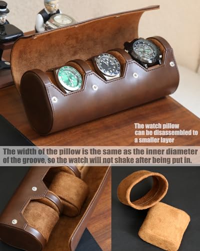 watch box organizer for mens watch case travel roll Portable 3 Watch Display Storage with Velvet Sections to Holder Large Watch (Dark Brown) - color: Dark Brown