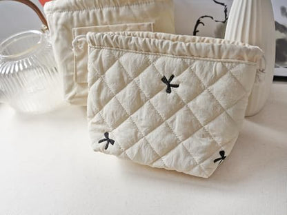 HAPPYHEIDI Quilted Nylon Drawstring Makeup Bag Set 2 Compartment Cosmetic Toiletry Travel Pouch, Purse Organizer, Creamy White Embroidery Bow - color: KJM-Quilted Cotton Pouch with Compartment Set of 2- Embroidery Bow