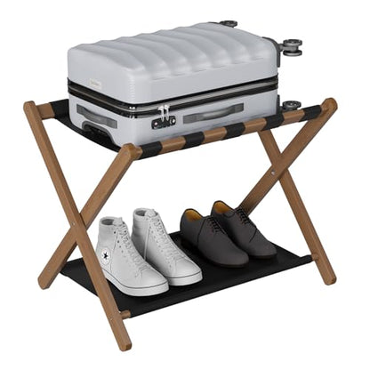 Smuxee Walnut Bamboo Luggage Rack for Guest Room, Foldable Suitcase Stand with Storage Shelf, Easily Assembled Luggage Stand with 5 Nylon Straps for Guest Room Bedroom Hotel - color: Walnut 1PCS