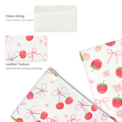 Glasses Case Soft, Eyeglass Cases for Women Portable Squeeze Top PU Leather 2 Pack Glasses Pouch with Cleaning Cloth - color: 2pcs Bow Cherry+bow Strawberry