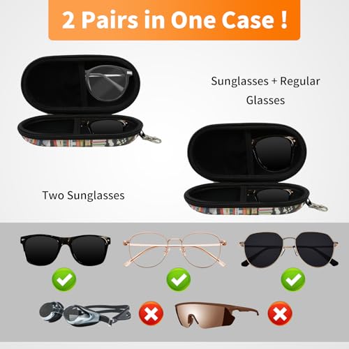 Double Eyeglasses Case, Hard Shell Dual Sunglasses Organizer with Zipper Clip Travel Glasses Storage for Women Men - color: Black Cats