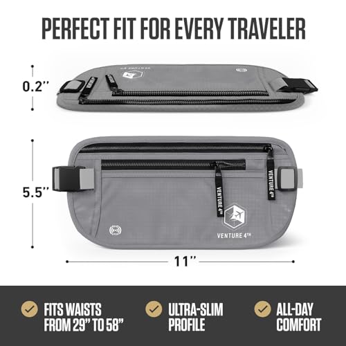 VENTURE 4TH Money Belt for Travel – Hidden Under-Clothes RFID Blocking Passport Holder & Slim Travel Wallet Pouch for Men & Women to Protect Cash, Cards & Documents (Silver) - color: Silver