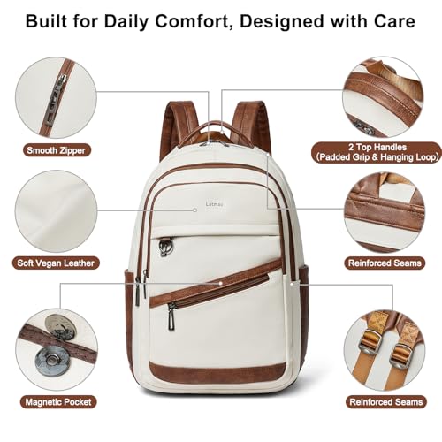LATMAP Backpack for Women Men - Vegan Leather Backpack Purse Travel Carry-on Bag College Bookbag Work fits 16.5" Laptop, Beige - color: Beige