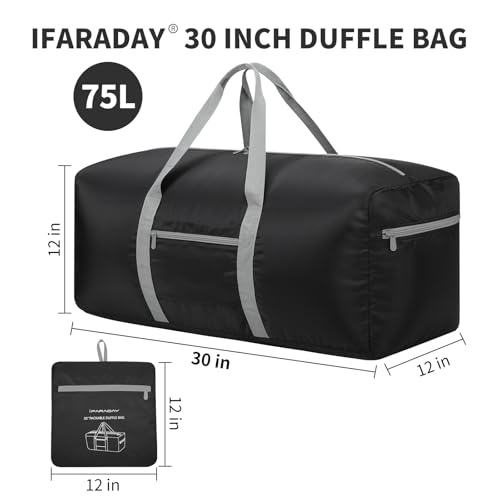 iFARADAY Foldable Duffle Bag for Travel - 30 inch / 75L Large Spare Travel Duffel Bag Lightweight with Trolley Sleeve - Black - color: Black-75L(with trolley sleeve)