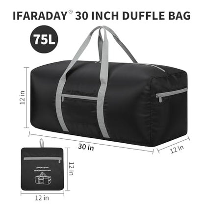 iFARADAY Foldable Duffle Bag for Travel - 30 inch / 75L Large Spare Travel Duffel Bag Lightweight with Trolley Sleeve - Black - color: Black-75L(with trolley sleeve)