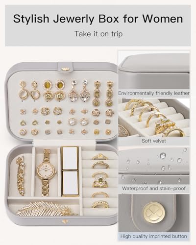 VLANDO Travel Jewelry Case, PU Leather Travel Jewelry Box with Earring Holder, Portable Display Small Jewelry Box for Mothers Day Women Girls Gift - Grey - color: D.Grey