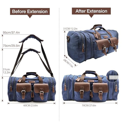 Wildroad 60L Travel Duffel Bag, Expandable Canvas Genuine Leather Duffle Bag Upgraded Overnight Weekender Bag Carry on Bag - color: Blue, size: X Large-60L Duffle Bag