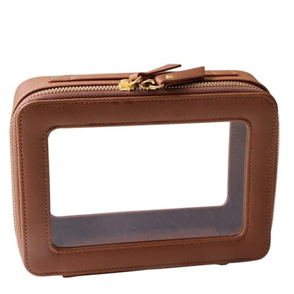 SANHECUN Toiletry bag waterproof cosmetic organizer with handle large opening for travelling car organizer (Brown) - color: Brown
