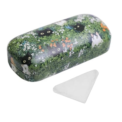 PERFECTSIGHT Sunglasses Case, Large Hard Shell Glasses Case, Cute PU Leather Protective Eyeglasses Case for Women Men - color: Green Cat